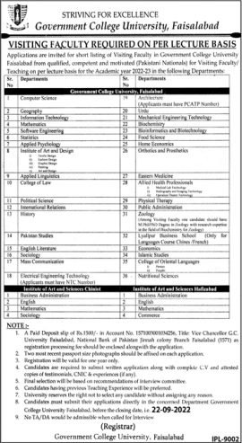 GC University Faisalabad Jobs 2022 for Visiting Faculty GCUF Government College University Latest 2022