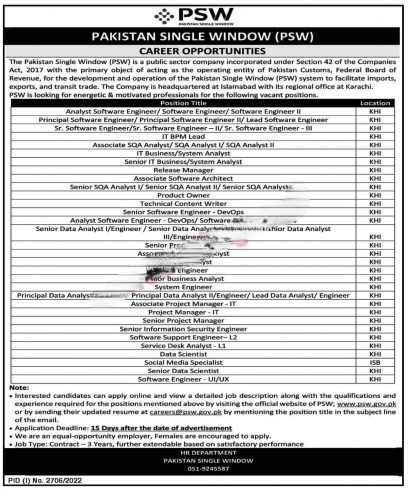 Pakistan Single Window PSW Jobs 2022 for Karachi Positions FBR Latest