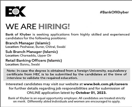 Bank of Khyber BOK  Jobs 2023 Apply Online